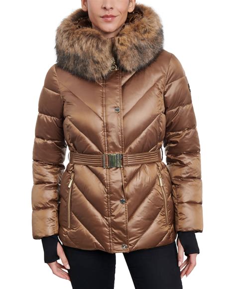 michael michael kors women's belted faux-fur-trim hooded maxi puffer coat|MICHAEL Michael Kors Women's Belted Faux.